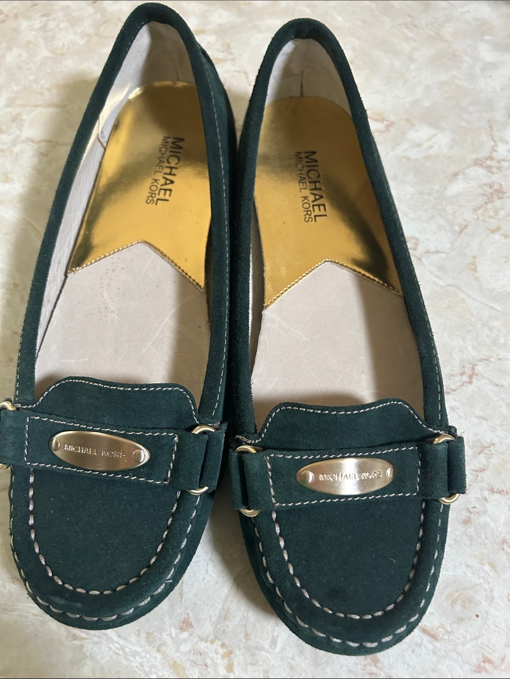 MICHAEL Michael Kors Forest Green Suede Loafers with Gold Plaques